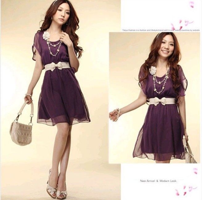 Fashion Womens Lady Casual Short Wave Sleeve Crew Neck Chiffon Dress