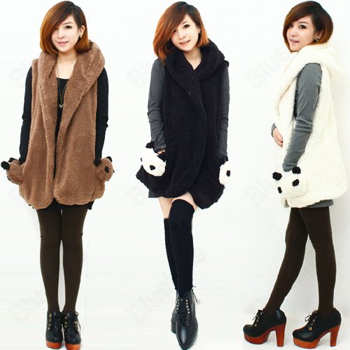 Fashion Womens Warm Winter Long Vest Jacket Panda Pocket Hooded Outwear Free Shipping  31464