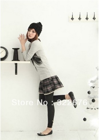 Fashionable Women's Winter Lacing Decorated Imitated Silver Belt Plaid Short Cotton Pants Grey& Pink TQ12091414