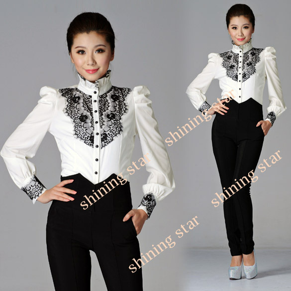 Fashon Korea Women's Lace Lotus Leaf Stand Collar Blouse OL Blouses Tops Puff Long Sleeve 10029