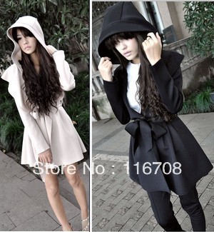 Fast China HK AIR MAIL 2012 fashion normic pressure pleated lacing slim waist hooded ruffle dress trench outerwear wjk-025