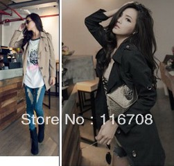 Fast China HK AIR MAIL 2012 hot selling fashion turn-down collar double breasted long women's trench outerwear belt wjk-024