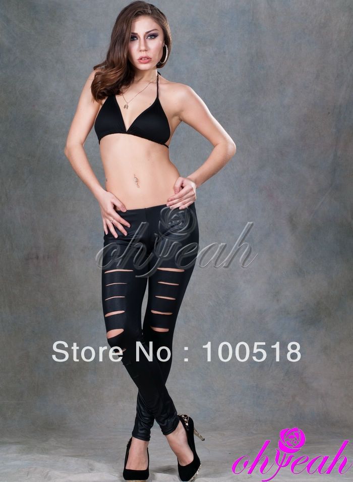 Fast Delivery High Quality Broken Hole PU Leggings Black Stretchy  Pants For Women Leather Leggings T2026  One Size