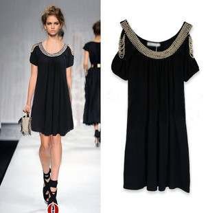 fast free shipping 2012 new arrival high quality cotton off the shoulder pleated beading women black dress Wholesale&Retail