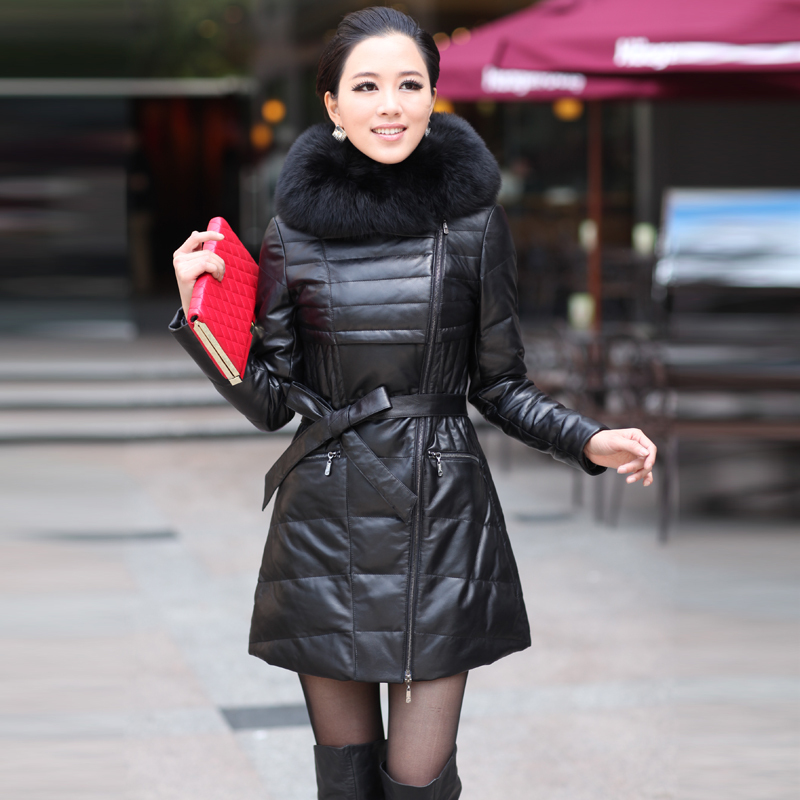 Fast free shipping DHL or EMS 2012 genuine leather down coat  female long design fox tie cap female overcoat trench