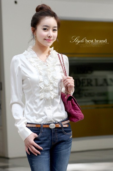 Fast/free shipping wholesale price 2013 spring V-neck long-sleeve ruffle ladies shirts Formal blouse women clothing