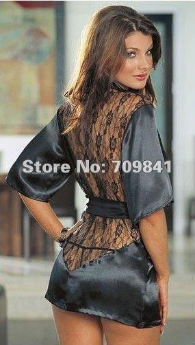 Fast shipping+Ladies Black Satin Lace Sexy lingerie/costumes/underwear Sleepwear Robe 8026 with G-string