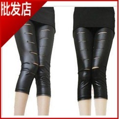 fast shipping Sexy female hole faux leather hole shank length trousers legging female beggar pants