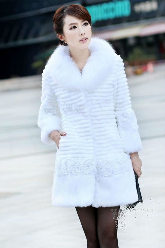 Fast Shipping Women's 2012 New Style Rabbit Fur Coat with Fox Collar Jacket White A-3620