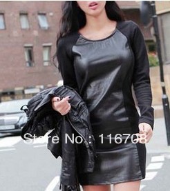 Fast singpost 2012 hot selling wholesale autumn fashion leather mosaic zipper slinky one-piece dress skirt for women sk-058