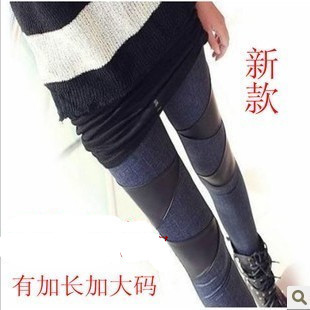 Faux denim patchwork faux leather  legging 100% cotton patchwork faux leather   plus size female lengthen long