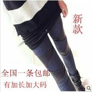 Faux denim patchwork faux leather pants legging 100% cotton patchwork faux leather pants trousers plus size female lengthen long