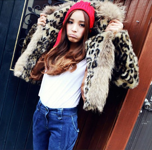 faux fur coat leopard print fur collar outerwear vivi luxury short design outerwear free shipping