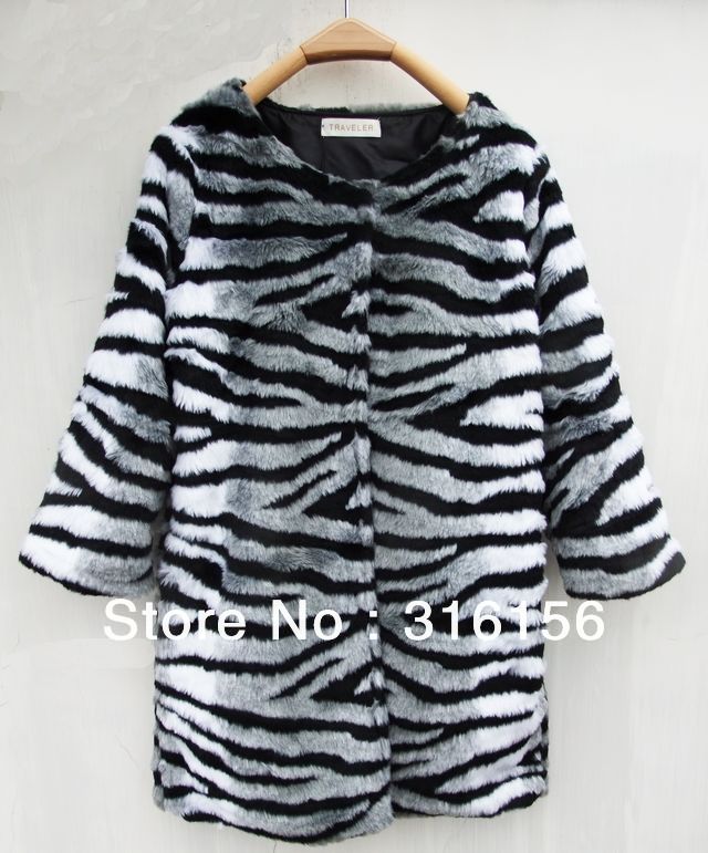 Faux fur fox fur black and white ash gradient zebras long coat 1pc/lot free shipping