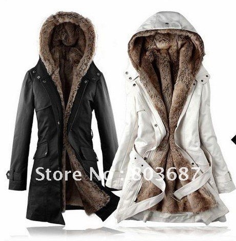 Faux Fur Lining Women's Black & Beige & Combat-Green Fur Coats Winter Warm Long Coat Free Shipping