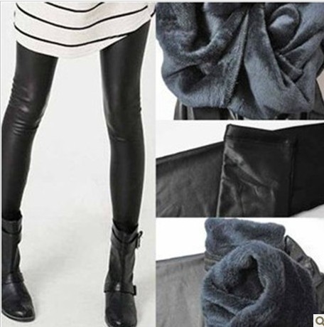 Faux leather female slim legging autumn and winter light plus velvet thickening leather pants boot cut jeans