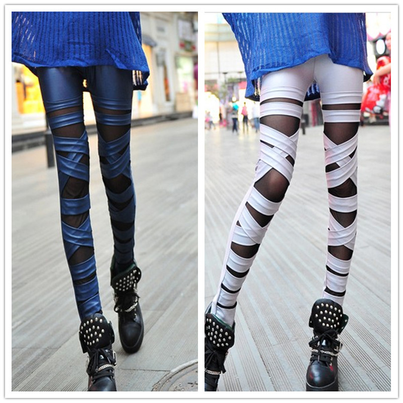 Faux leather pants cross straps personality punk ankle length trousers spring meat gauze legging