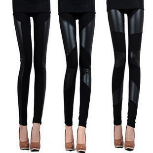 Faux leather pants patchwork black legging trousers pants t cotton thin spring