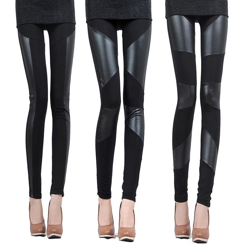 Faux leather pants patchwork legging black trousers pants thickening thermal