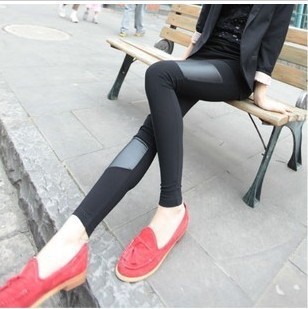 Faux leather patchwork fashion personality female legging autumn black ankle length trousers pencil pants