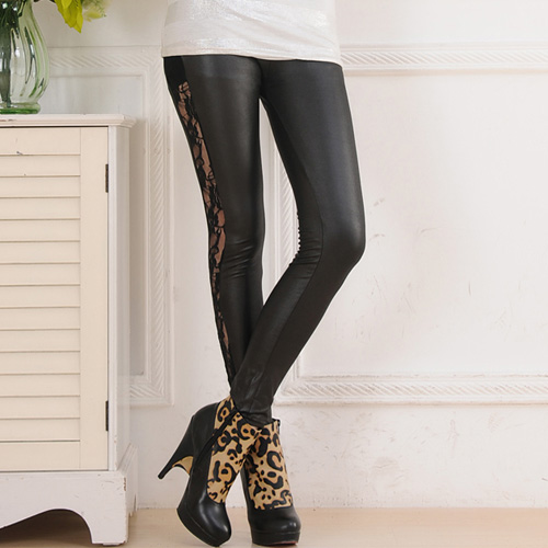 Faux leather patchwork lace legging faux leather legging lace ankle length trousers plus size available