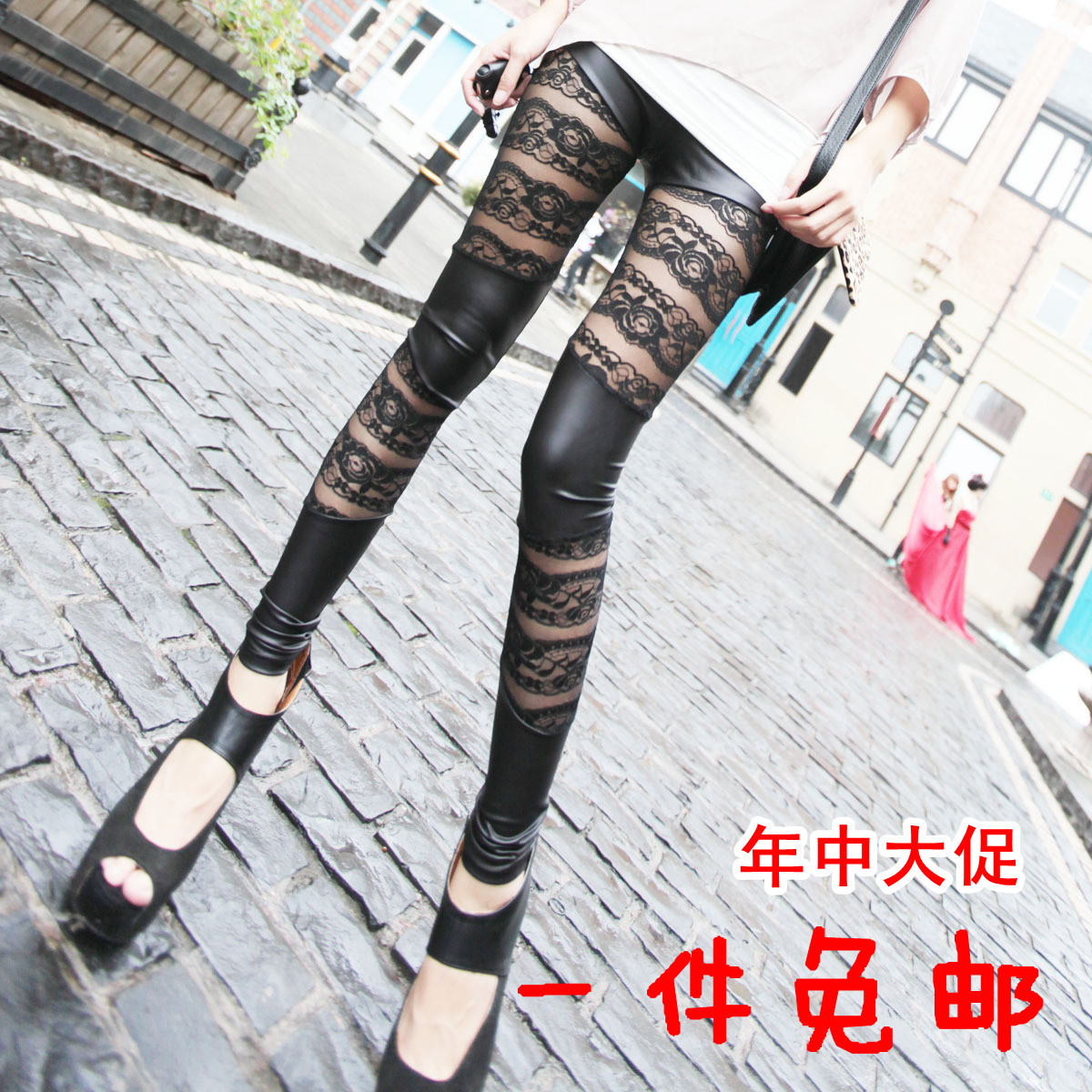 Faux leather patchwork lace legging pants sexy plus size clothing skinny pants