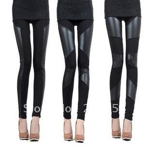 Faux leather trousers fashion faux leather pants patchwork legging female black trousers pants