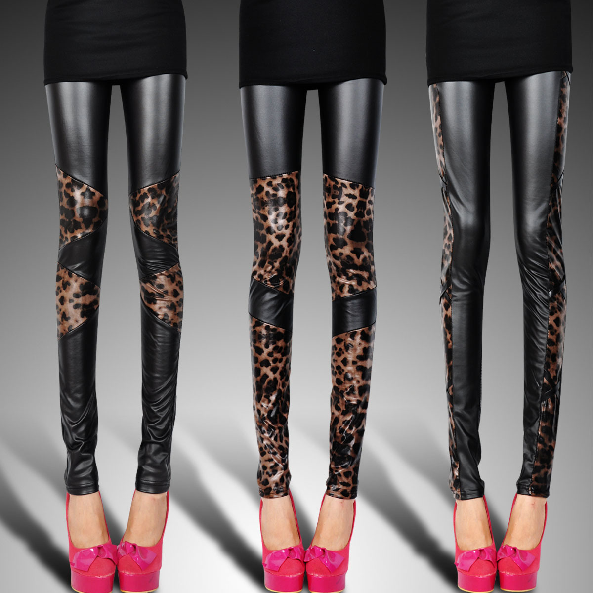 Faux leather trousers patchwork leopard print legging tight female fashion matt faux leather legging autumn and winter