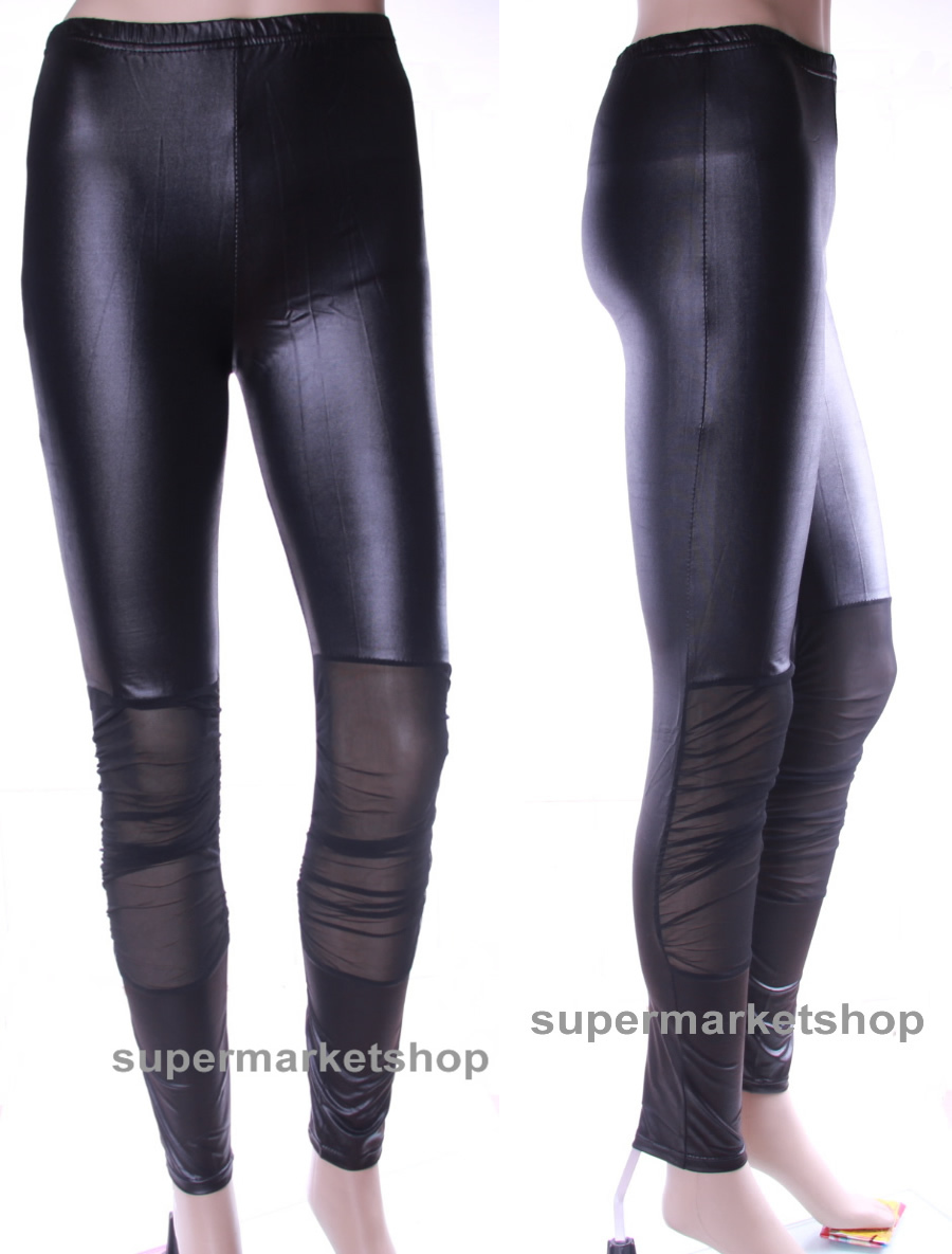 Faux Leather Woman Knee Mesh Patch Leggings Skinny Tights Pants shipping With Tracking Number