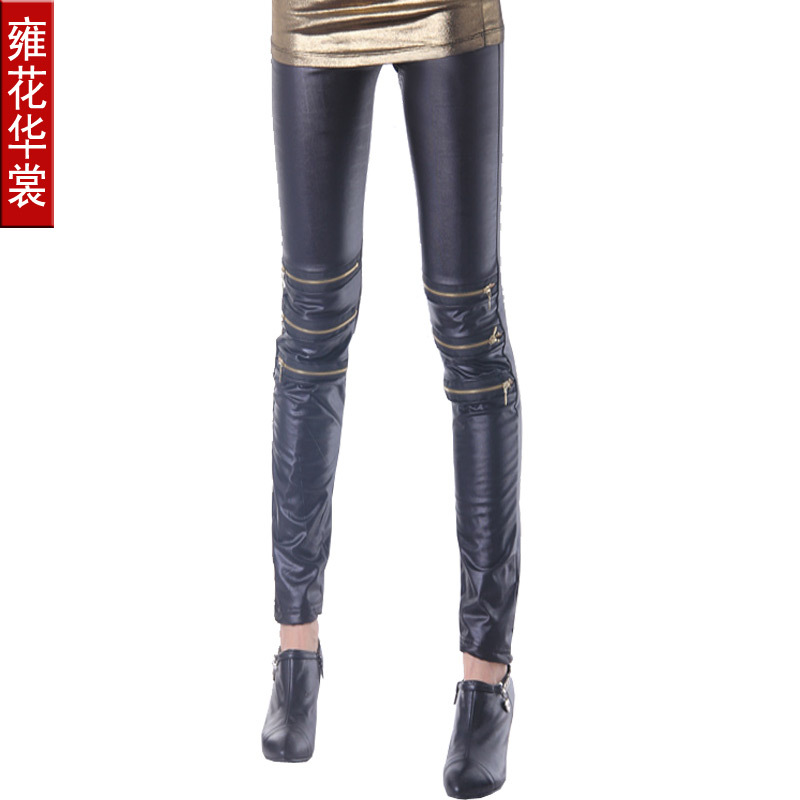 faux leather zipper patchwork ankle length warm flower faux leather  legging