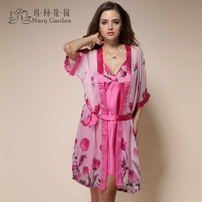 Faux silk spaghetti strap nightgown robe twinset sleepwear female summer sexy short-sleeve soft sexy pajamas sets