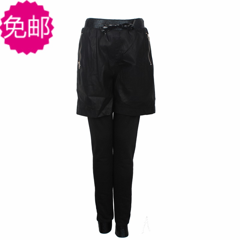 Faux two piece set elastic waist thickening shorts legging leather female trousers 2013 spring black