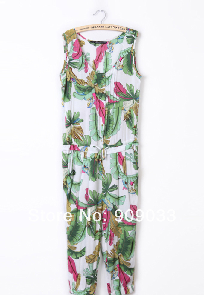 [Featured]Wholesale-Women's Dress Ladies' Jumpsuit White Green Leaves Print a20121230-1140 1pc Free Shipping