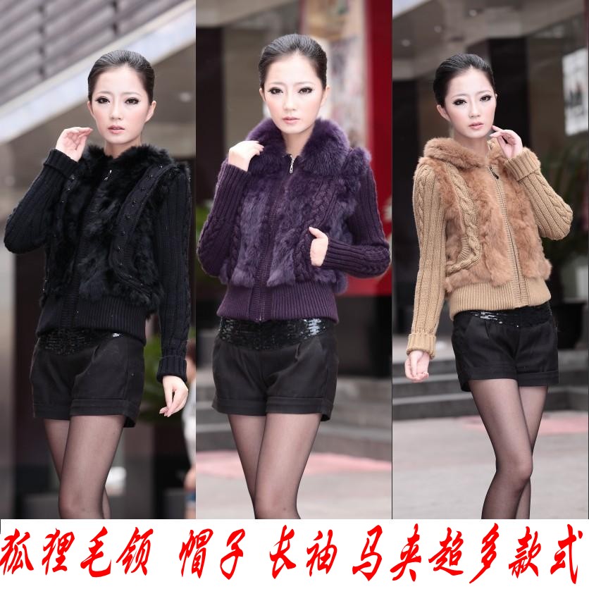 FedEx free shipping Fur rex fur knitted outerwear hooded short design fur sweater