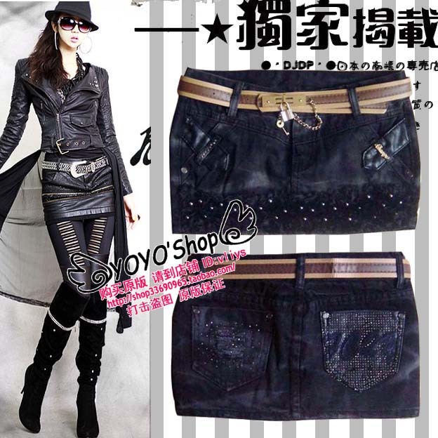 Female 2012 all-match rose rivet leather patchwork slim thickening denim short skirt