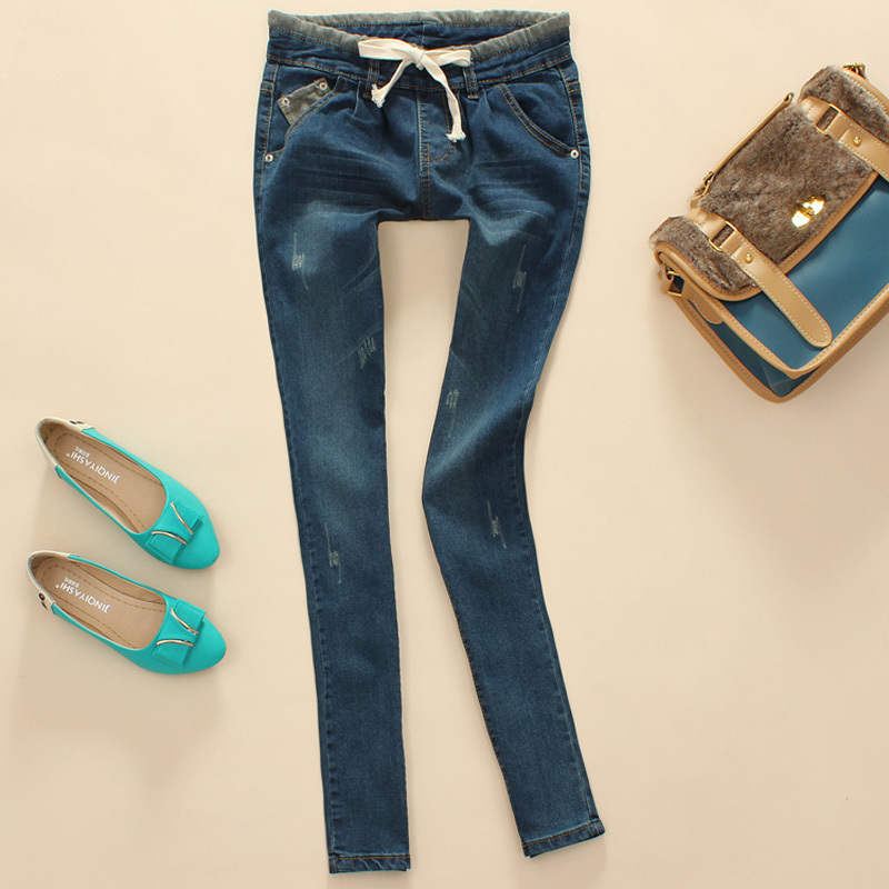 Female 2012 autumn and winter slim butt-lifting water wash pleated elastic waist lacing denim trousers skinny pants