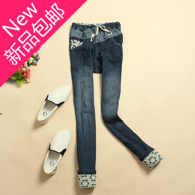 Female 2012 autumn mid waist straight elastic waist cutout lace roll-up hem roll up hem jeans