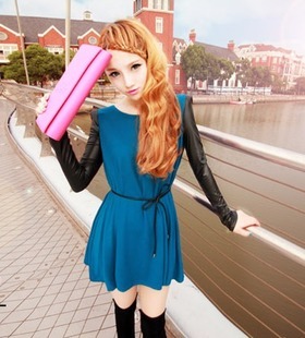 Female 2012 autumn patchwork knitted high waist one-piece dress slim waist leather belt