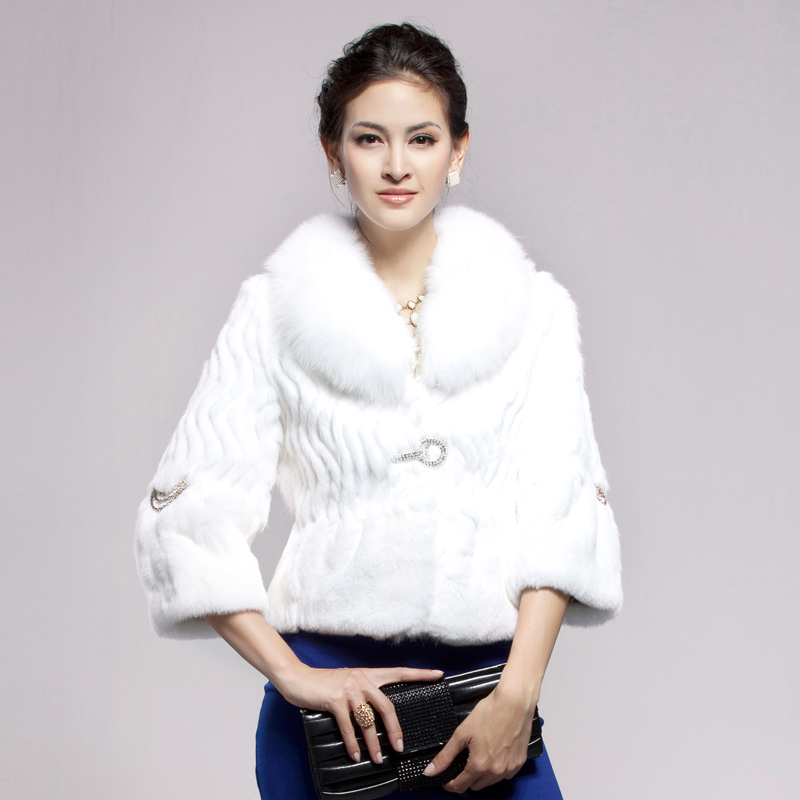 Female 2012 full leather rabbit fur coat short top fox fur neck short design fur coat very gorgeous winter coat hot selling!