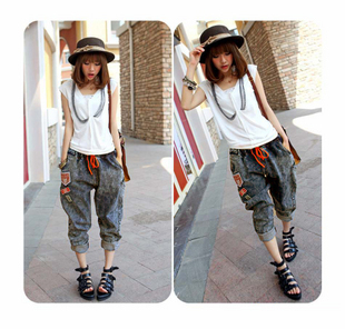 Female 2012 patch punk street style loose denim harem pants harem pants Halley ankle length trousers pants