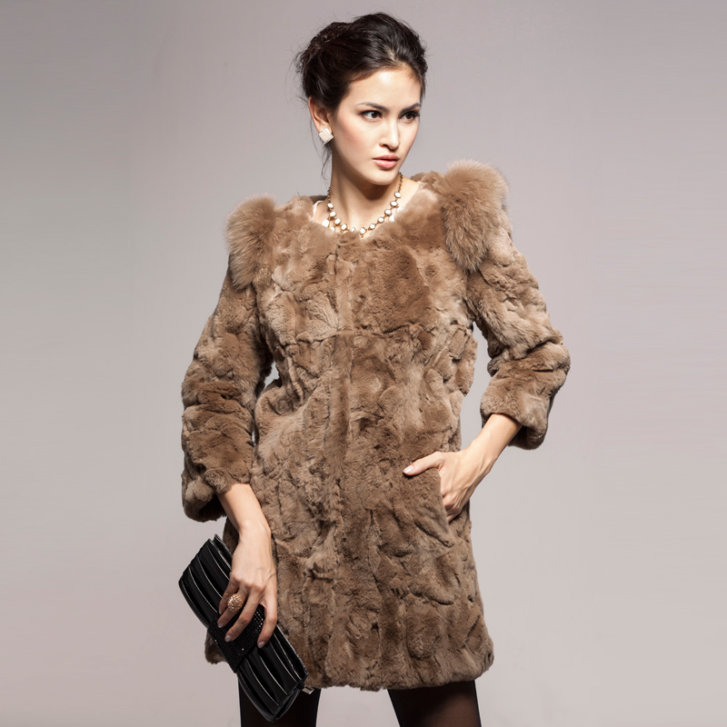 Female 2012 rex rabbit fur overcoat o-neck three quarter sleeve medium-long fur coat very soft and elegant fashion coat