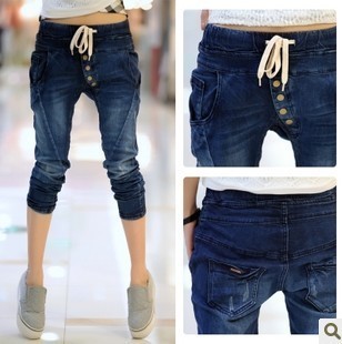 Female 2012 vintage drawstring button decoration denim straight trousers ankle length trousers