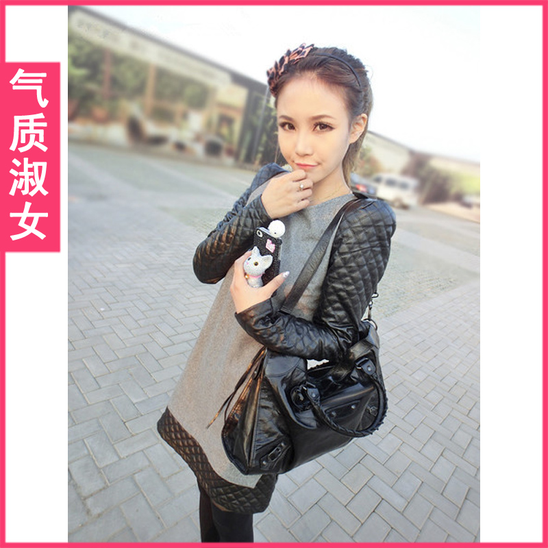 Female 2012 woolen patchwork leather shoulder pads small long-sleeve dress q199 dress