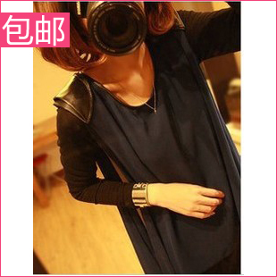 Female 2013 spring faux two piece set leather patchwork shoulder pads knitted long-sleeve chiffon shirt basic shirt