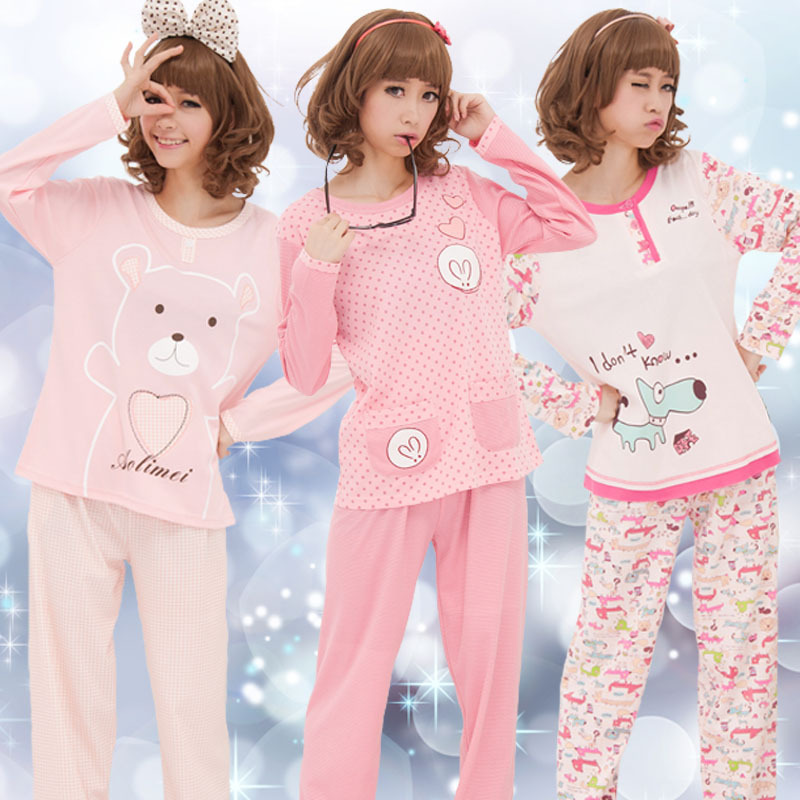 Female autumn and winter at home service cartoon o-neck long-sleeve 100% cotton sleepwear knitted lounge set pink