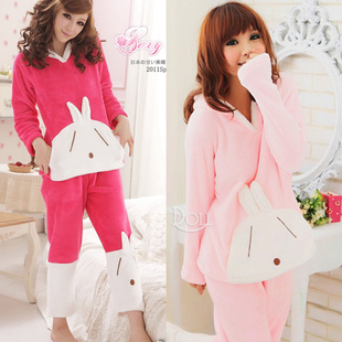 female autumn and winter sleepwear thickening lovely cartoon flannel coral fleece sleep  set