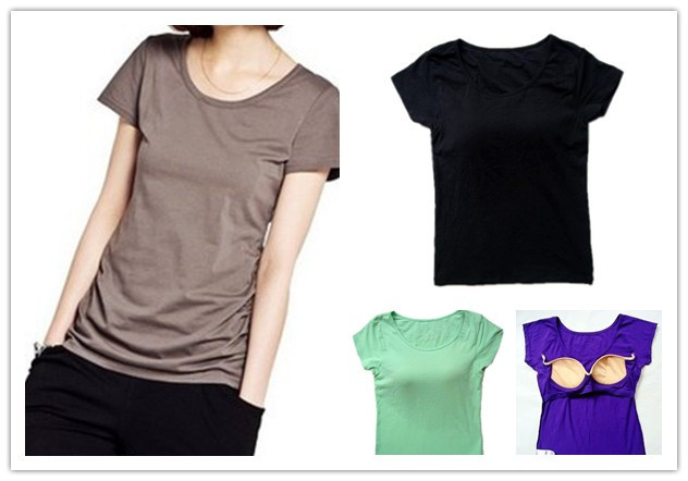 Female belt pad cup bra wireless solid color yoga sports basic vest short-sleeve T-shirt bra-t