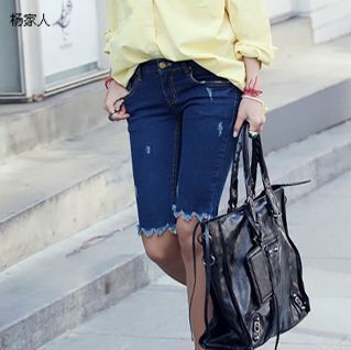 Female blue distrressed moben fashionable denim knee-length pants casual denim capris blue