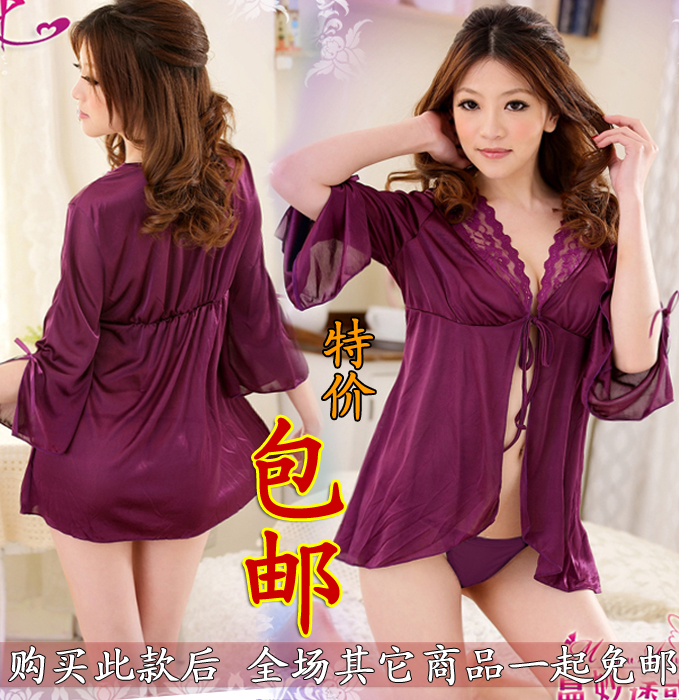 Female cardigan sleepwear purple silky soft sexy bathrobe exquisite lace bordered