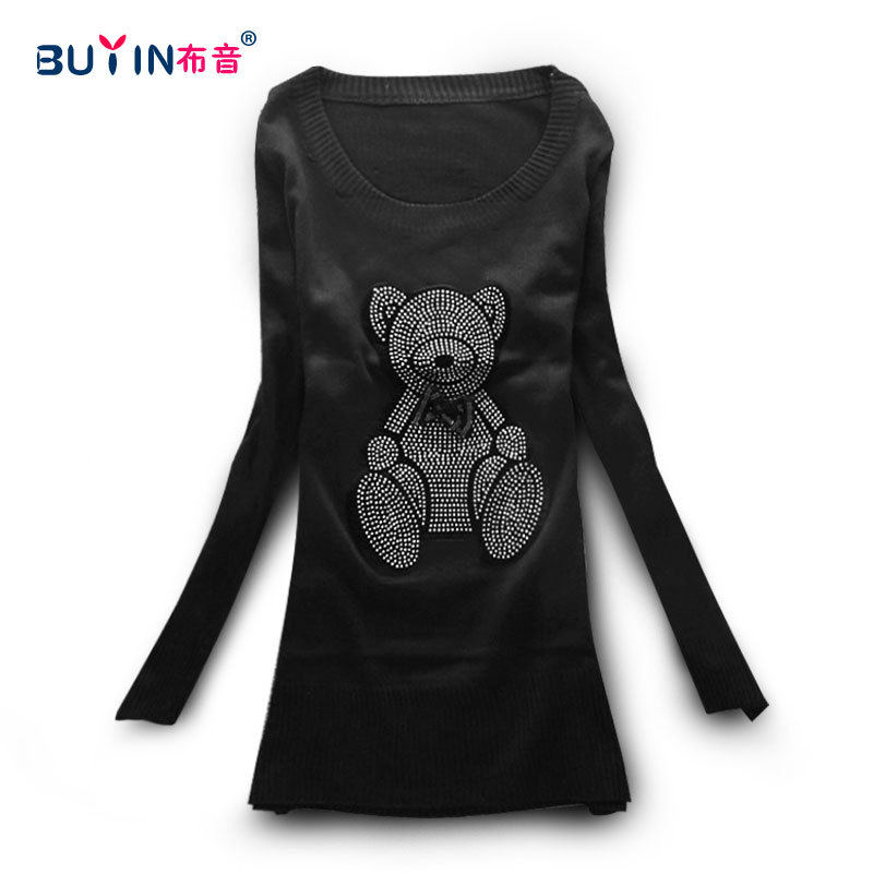 Female cartoon applique diamond medium-long knitted sweater basic shirt